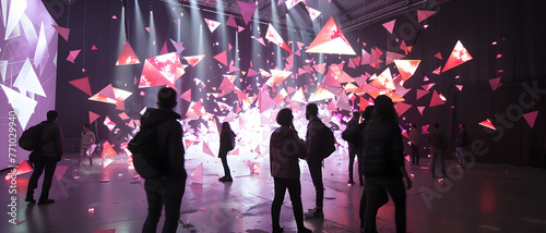 An interactive geometric light installation with people engaging with bright pink triangles