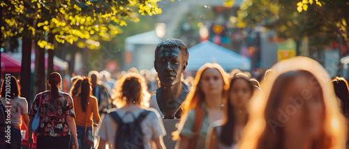 A captivating street festival scene where a lifelike statue stands among a bustling crowd, engaging viewers with depth and culture