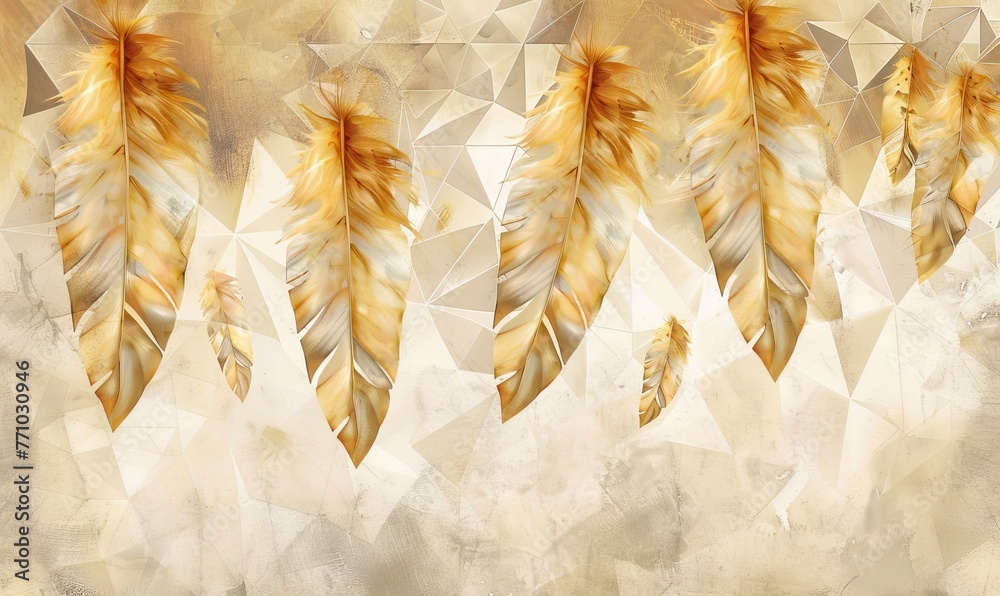 abstract white art background with feathers in golden. AI generated illustration