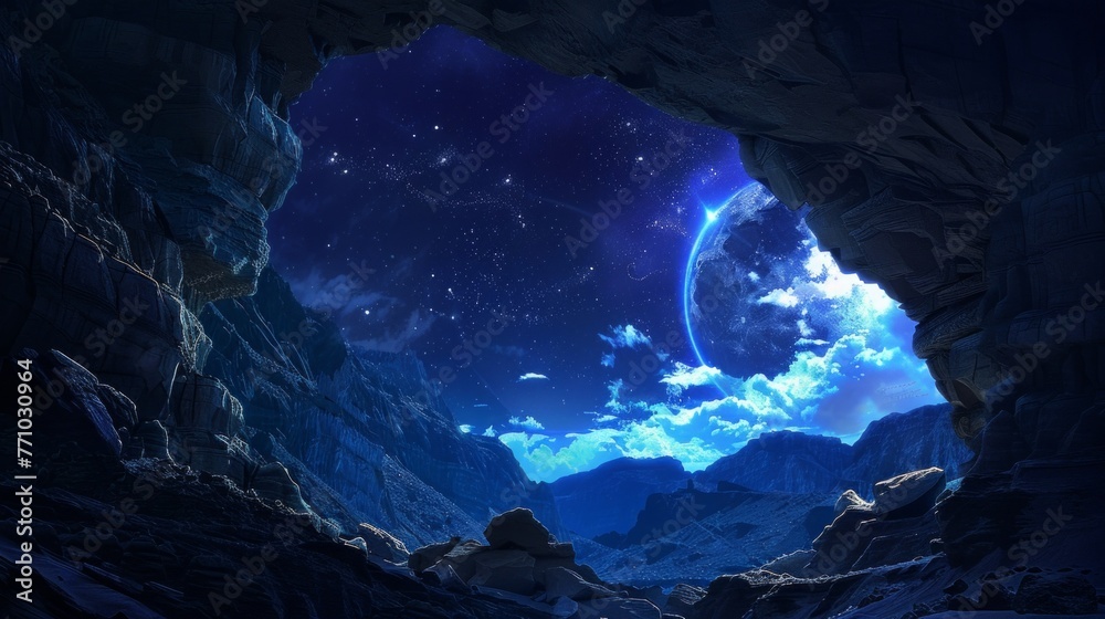 Moonlit Cave Overlooking Stars at night , outdoors - obrazy, fototapety, plakaty 