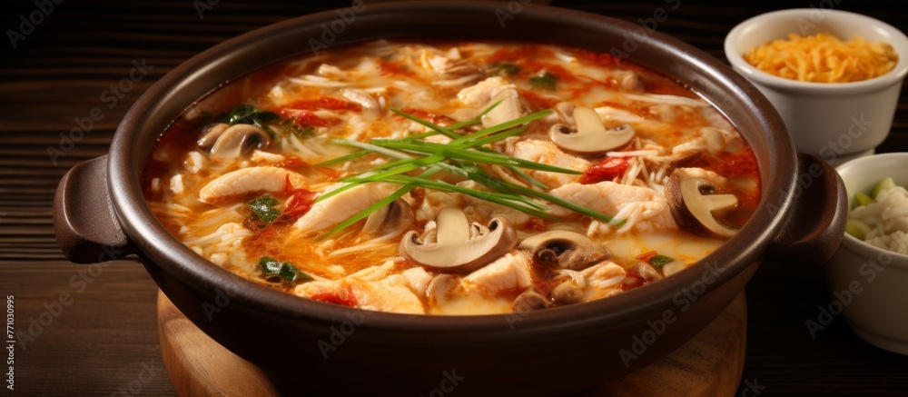 A hearty stew made with noodles, mushrooms, and other ingredients, served in a pot on a wooden table in a cozy kitchen setting