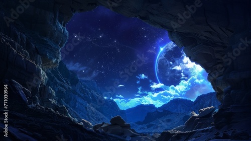 Moonlit Cave Overlooking Stars at night , outdoors