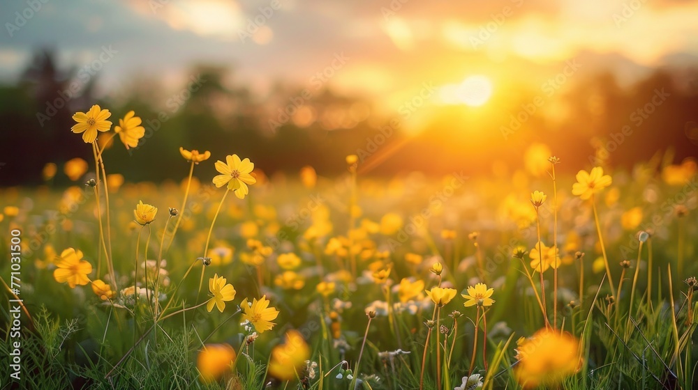 Golden Hour Meadow: Soft-Focus Landscape of Yellow Flowers & Grass in Tranquil Sunset/Sunrise Time with Blurred Forest Background - Idyllic Nature Closeup for Spring/Summer