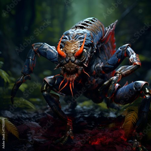 Scorpion in the dark forest. 3d illustration. Fantasy.