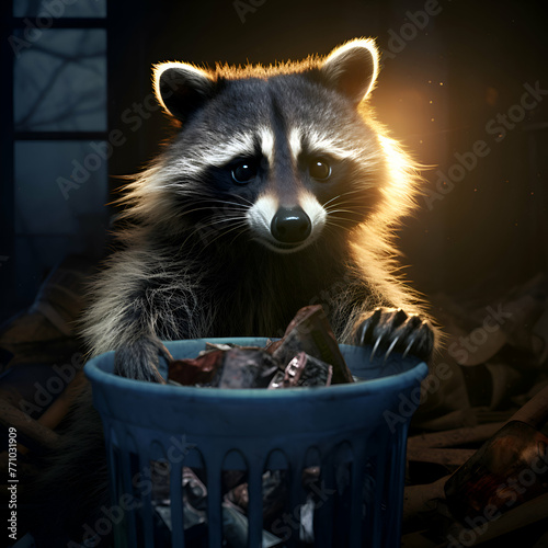 Raccoon in a blue basket with firewood in a dark room