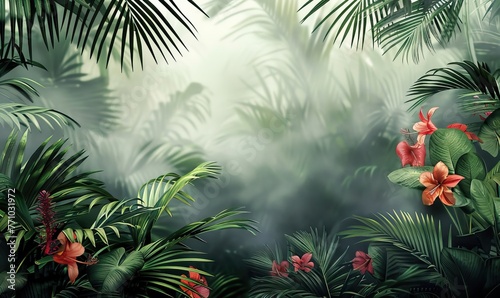 Tropical jungle with lush green palm leaves, Mural wallpaper high quality AI generated image