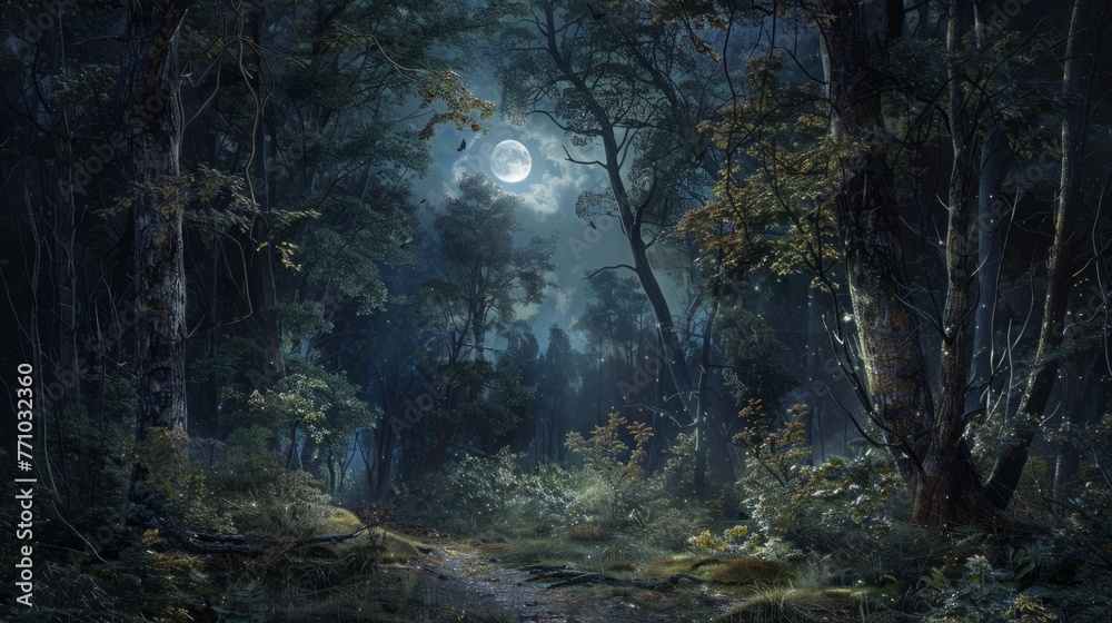 Moonlit Forest Painting at night , outdoors