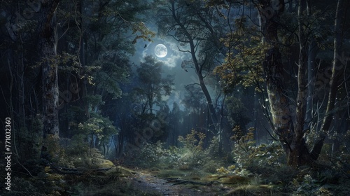 Moonlit Forest Painting at night , outdoors © Prostock-studio