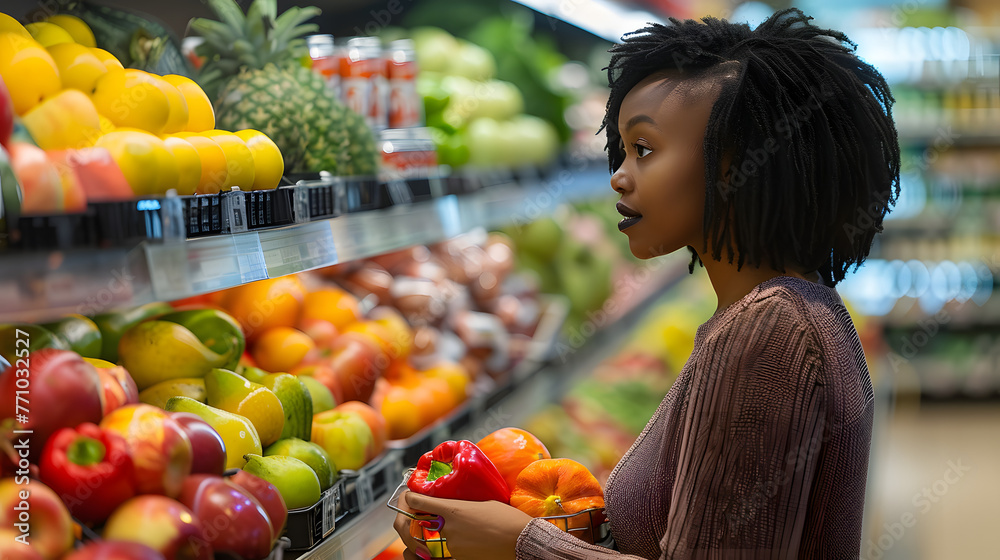 African American woman shopping for produce in grocery store African American woman shopping for produce in grocery store