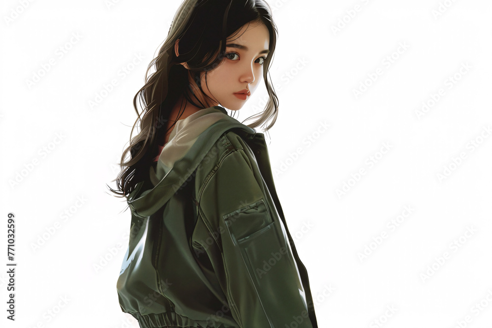 Illustrated Asian lady in green turning her head over the shoulder Illustrated Asian lady in green turning her head over the shoulder