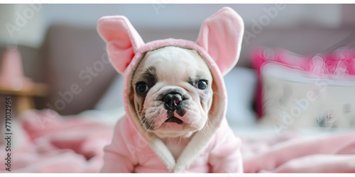 Dog In Bunny Suit Cute french bulldog sitting in a pink suit on his head with protruding ears.AI Generative © hafsa