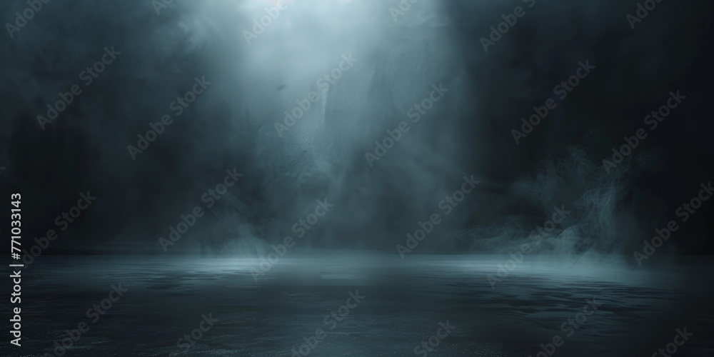 Dark street with wet asphalt abstract blue background neon lights Blue dark night sky with rays, beams. smoke with fog on a dark background.AI Generative 