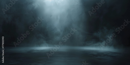 Dark street with wet asphalt abstract blue background neon lights Blue dark night sky with rays  beams. smoke with fog on a dark background.AI Generative 