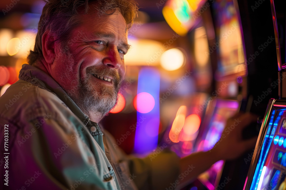 A detailed view of a cheerful middle-aged man at a casino