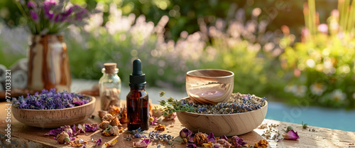 Oil for skin care  massage from natural ingredients  herbs  mint in glass jars and test tubes on a  background in the garden on the nature  natural cosmetics