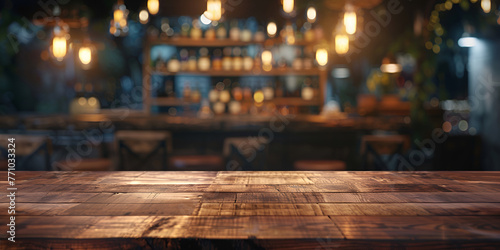 Empty wooden table top with lights bokeh on blur restaurant background.AI Generative