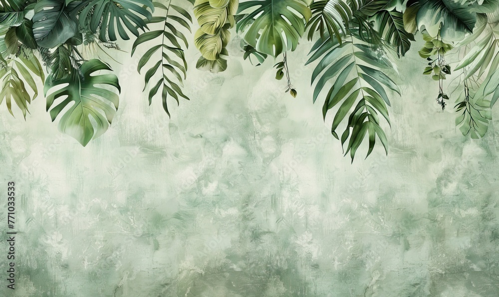 wallpaper watercolor style illustration with 3d hanging palm luxury leaves. AI generated illustration - obrazy, fototapety, plakaty 