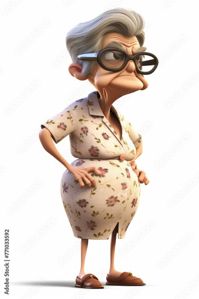 Elderly animated woman with large glasses and a skeptical look, floral dress