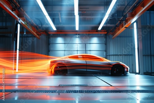 A futuristic electric car in an active wind tunnel for an aerodynamics test.