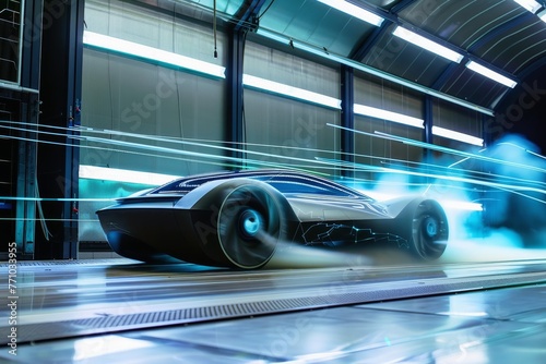 A futuristic electric car in an active wind tunnel for an aerodynamics test. photo