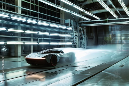 A futuristic electric car in an active wind tunnel for an aerodynamics test. photo