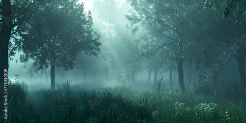  Mist magic fog night dark forest tree jungle landscape background Scary nature outdoor adventure explore travel vibe style.AI Generative photo