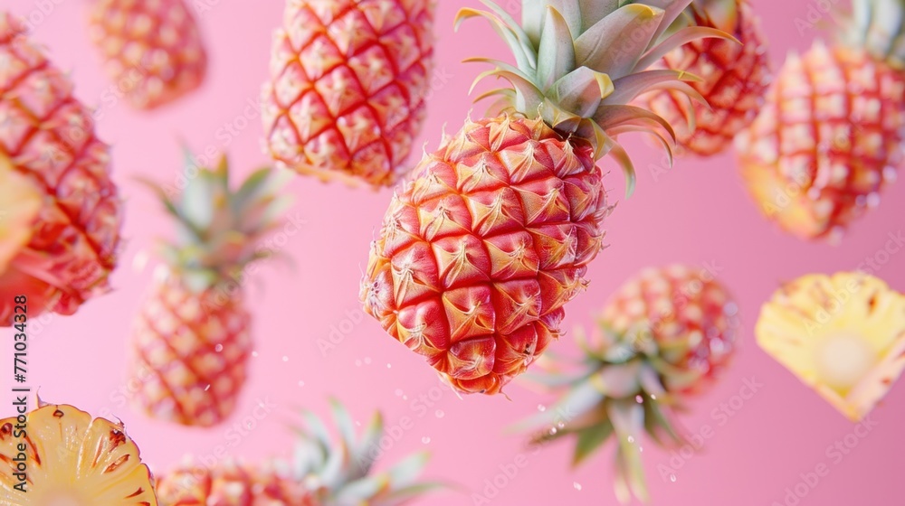 pieces of pineapple floating on a bright yellow background. There are whole pineapples with green leaves and bright yellow pineapple pieces.AI generated image pieces of pineapple floating on a bright yellow background. There are whole pineapples with green leaves and bright yellow pineapple pieces.AI generated image