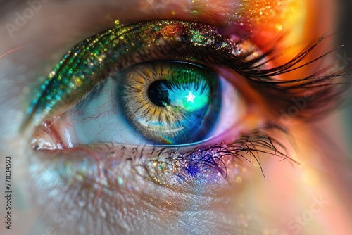  Close-up of beautiful female eye with multicolor makeup, Ai Generated