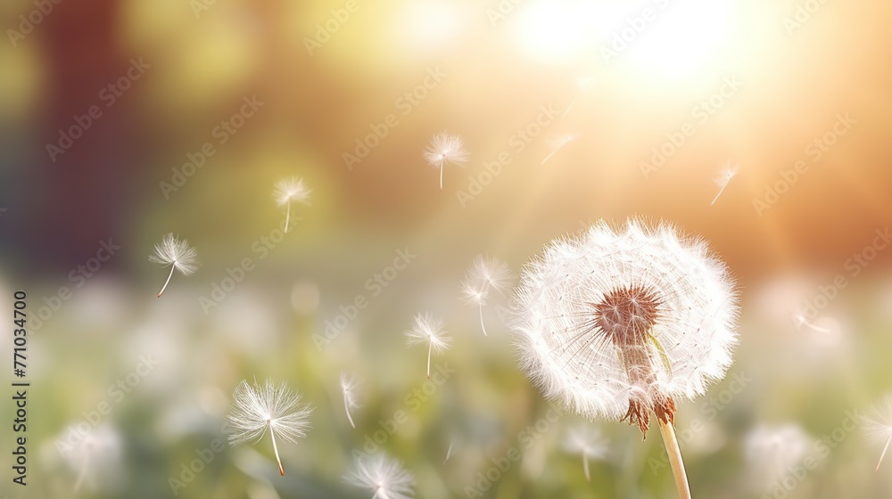 Beautiful soft white dandelion seed head is revealed on blurred greenery of forest background.