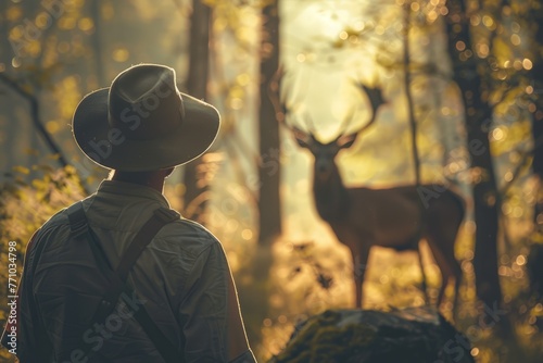 A serene encounter between hunter and deer in the depths of the forest © Julia Ahanova