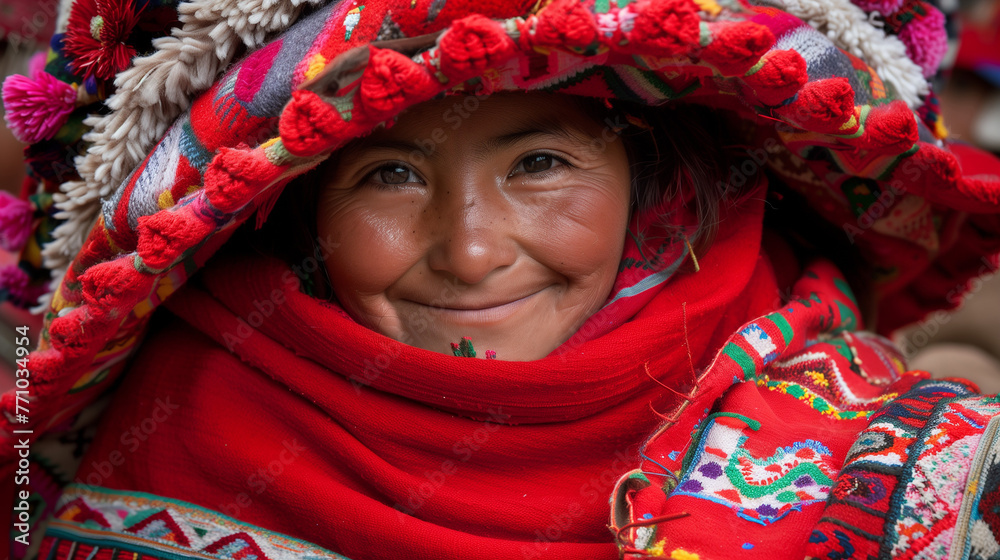 A young peruvian woman with a colorful red hat smiling at the camera. Andes. Wool chullo. American rural native folk.