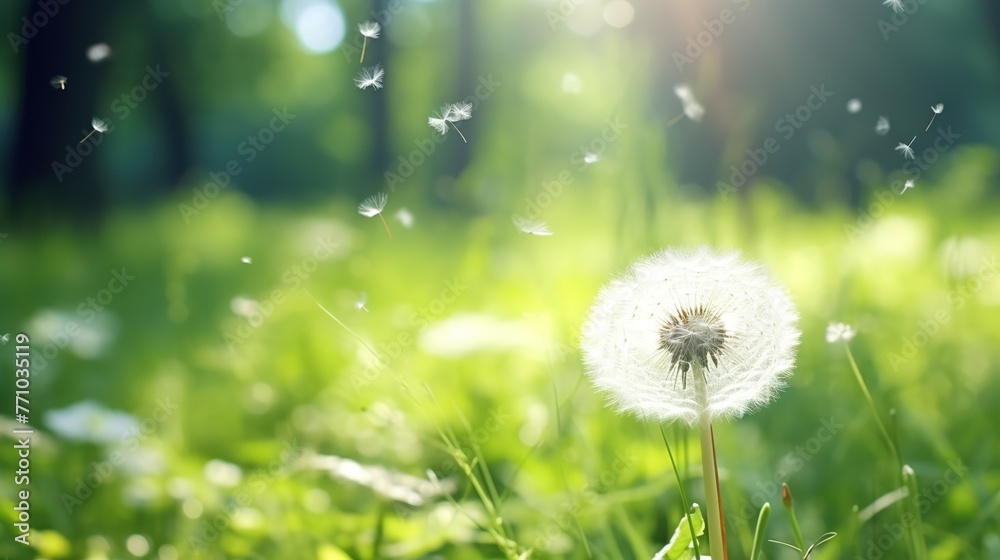 Beautiful soft white dandelion seed head is revealed on blurred greenery of forest background.