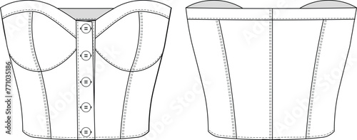 sleeveless strapless buttoned sweetheart neck cropped crop bloue top bustier jean denim template technical drawing flat sketch cad mockup fashion woman design style model
