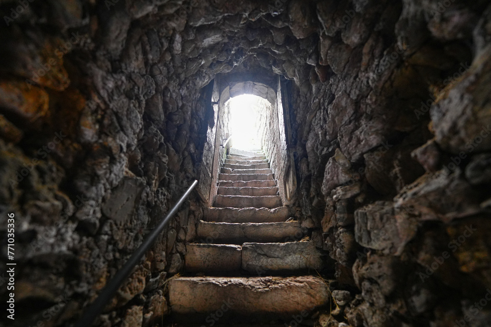 Stairway inside the walls of the fortified city of Briançon built by Vauban in the French Alps - obrazy, fototapety, plakaty 