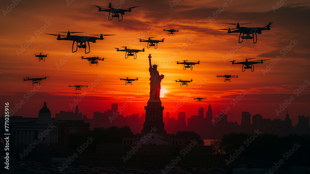 Swarm of UAV Unmanned Aircraft Drones Flying Near The United States Statue of Liberty In New York.