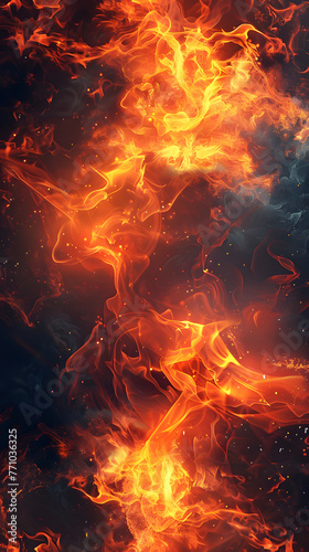An intense display captures blazing orange flames resembling a fierce fire dragon erupting in an abstract explosion of energy and heat