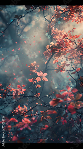 A moody and romantic scene showing delicate branches with bright red leaves set against a misty, soft-focused backdrop