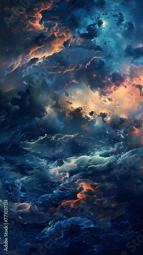 The intense image evokes a sense of awe with vivid orange and blue storm clouds lit by a distant celestial light source