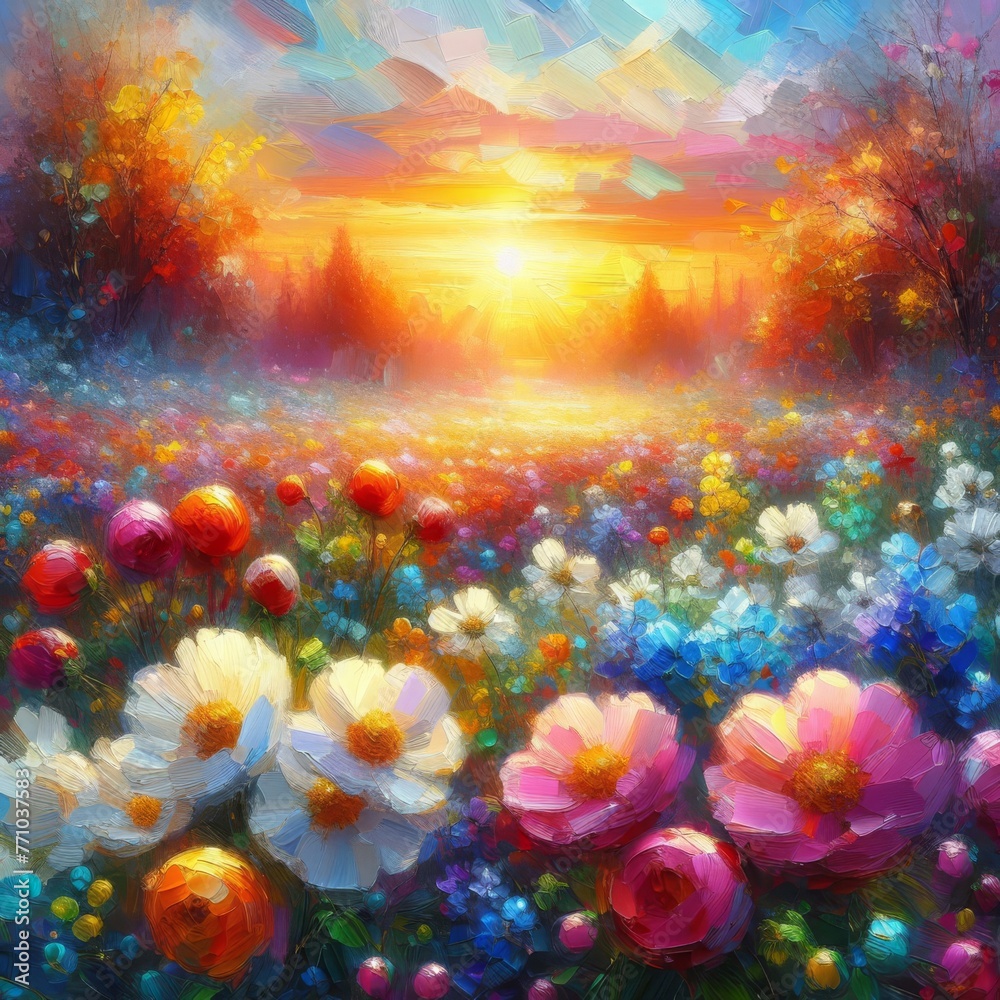 Scenic landscape of a field of flowers at sunrise.