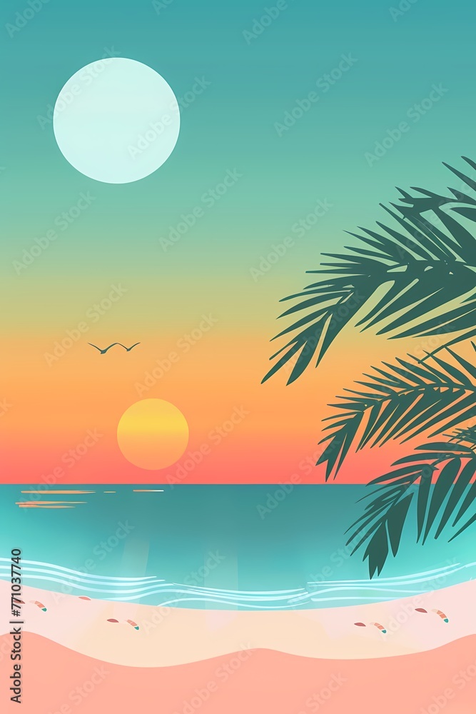 Vertical travel background of sunset on the beach with copy space for text used for vacation and tourism banner. Social media.
