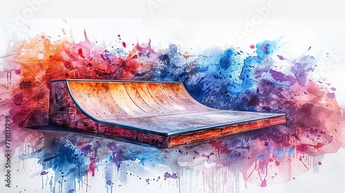 Hand-drawn watercolor artistic painting depicts a halfpipe skateboard ramp, portraying a wide and empty side view as a dynamic border or creative design element. photo
