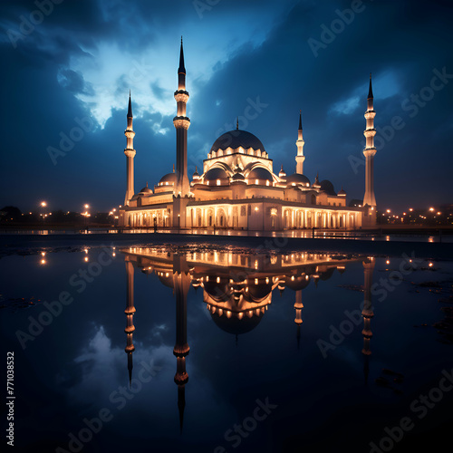 grand Mosque in city at night with reflection © Wazir Design