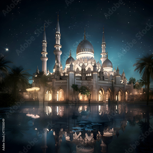 Mosque at night with reflection in the water. 3d render