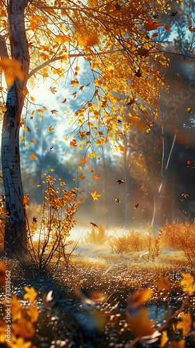 A mesmerizing scene of an autumn forest with sun rays piercing through  highlighting the golden leaves and tranquil ambiance