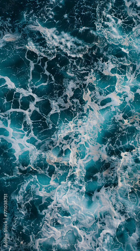 Obraz premium Captivating overhead shot of chaotic, foamy ocean waves in numerous shades of blue