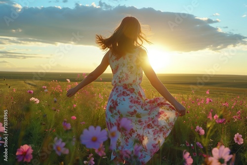 A beautiful young woman in a sun dress, dancing in a field of flowers and grass, with the sun set behind her. photo