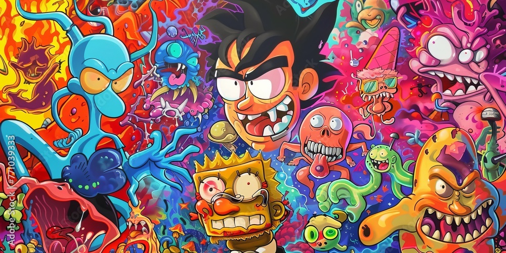 Colorful scene of monsters as background or texture 