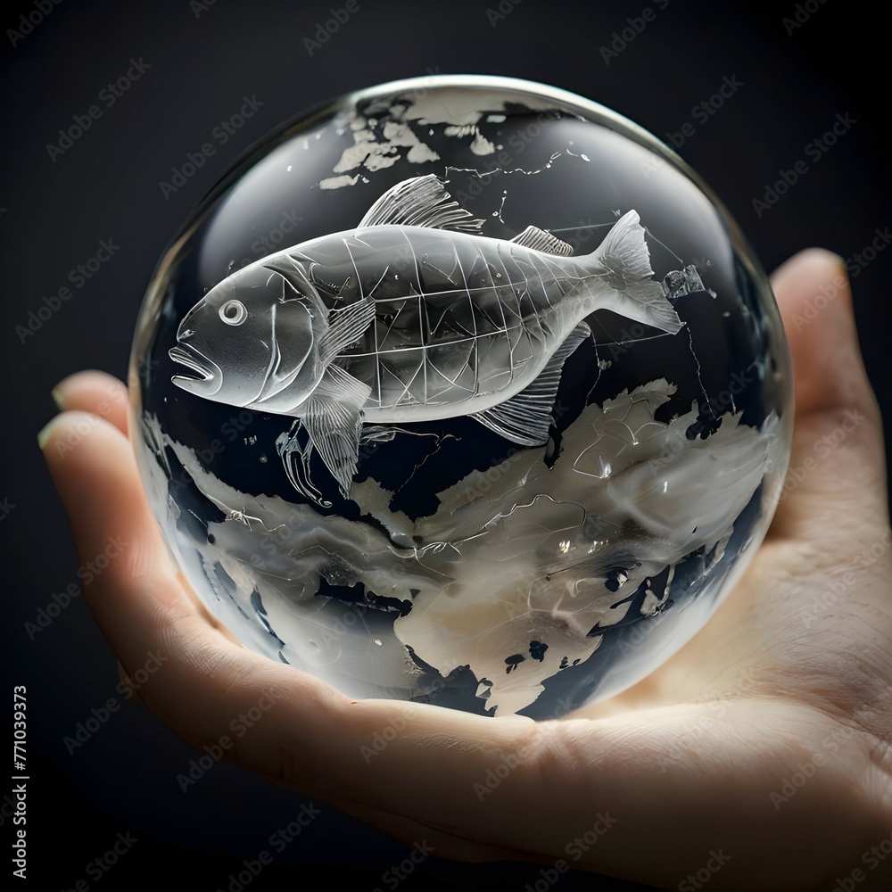 hand holding a earth glob with fish  - obrazy, fototapety, plakaty 