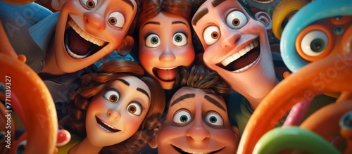A group of cartoon characters with big smiles, exaggerated noses, prominent chins, expressive eyebrows, and cartoonish mouths are posing together for a picture, showcasing their unique art style