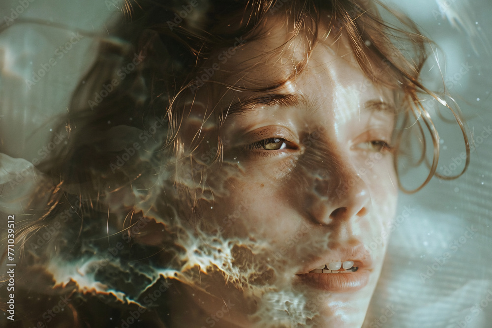 Woman's face partially obscured by swirling smoke patterns